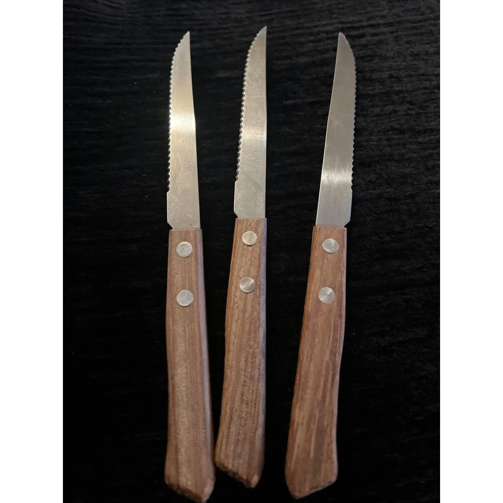 Vintage Knife Serrated Blade Wood Handle | 8” | Set of 3